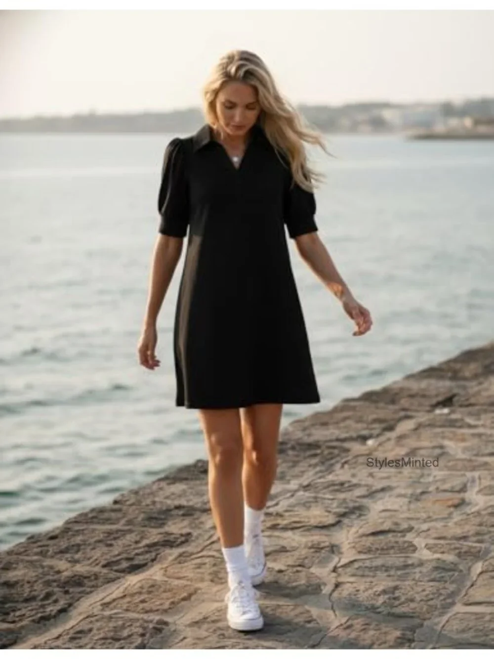 Striped V-Neck Mini Dress Short Sleeve A-Line Flowy